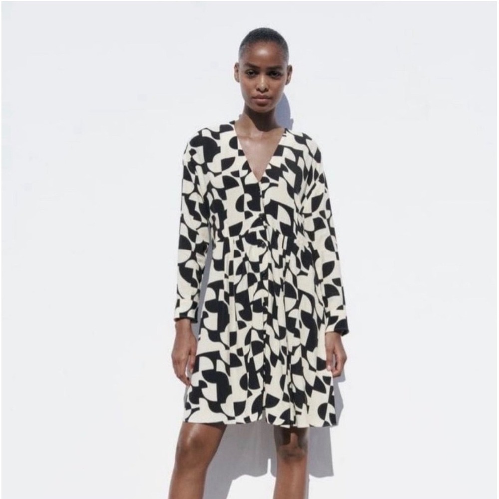 Zara Womens Geometric Abstract Print Button Front Mini Dress Black White Large